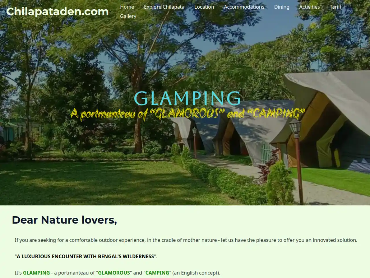 Chilapata Den — Glamping Resort website design in Madarihat, Alipurduar District